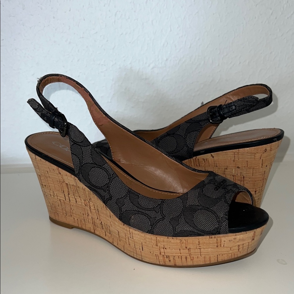 Coach Black and Tan Wedge Sandals